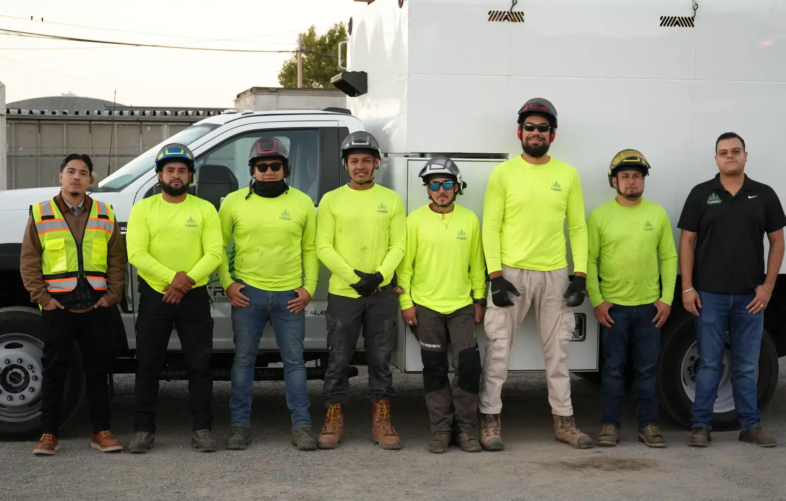 The TreeEx crew in hi-vis shirts lined up in front of a company truck